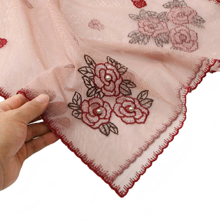 Wholesale Elegant Floral Embroidered Sheer Mesh Scarf with Pearls