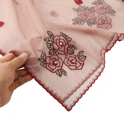 Wholesale Elegant Floral Embroidered Sheer Mesh Scarf with Pearls