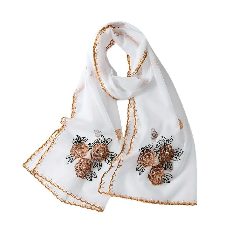Wholesale Elegant Floral Embroidered Sheer Mesh Scarf with Pearls
