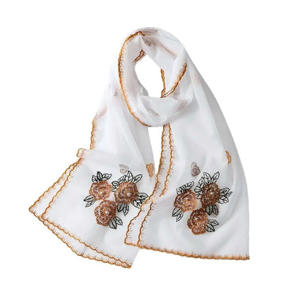 Wholesale Elegant Floral Embroidered Sheer Mesh Scarf with Pearls
