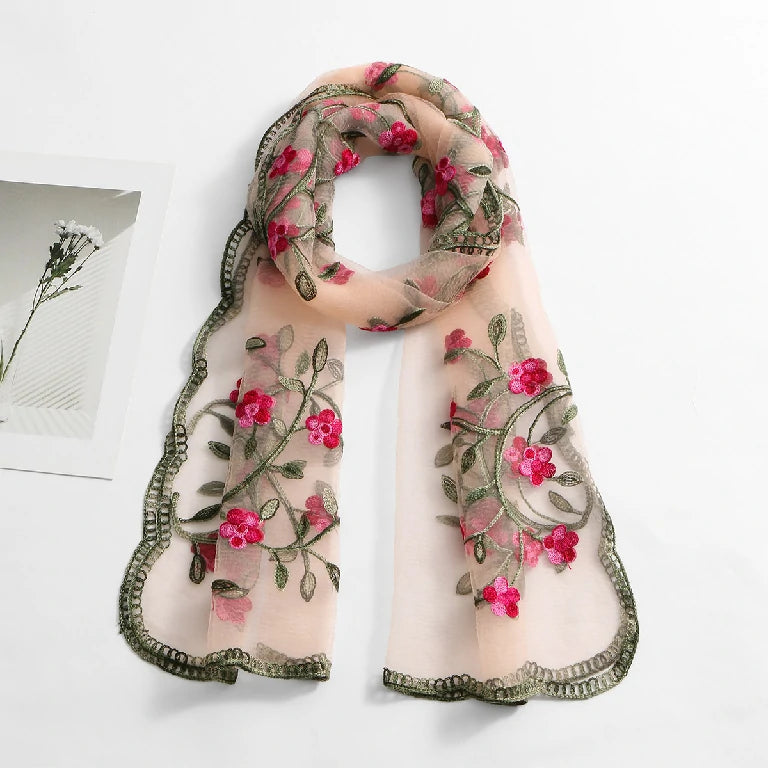 Wholesale Floral Vine Embroidered Sheer Scarf with Scalloped Edge