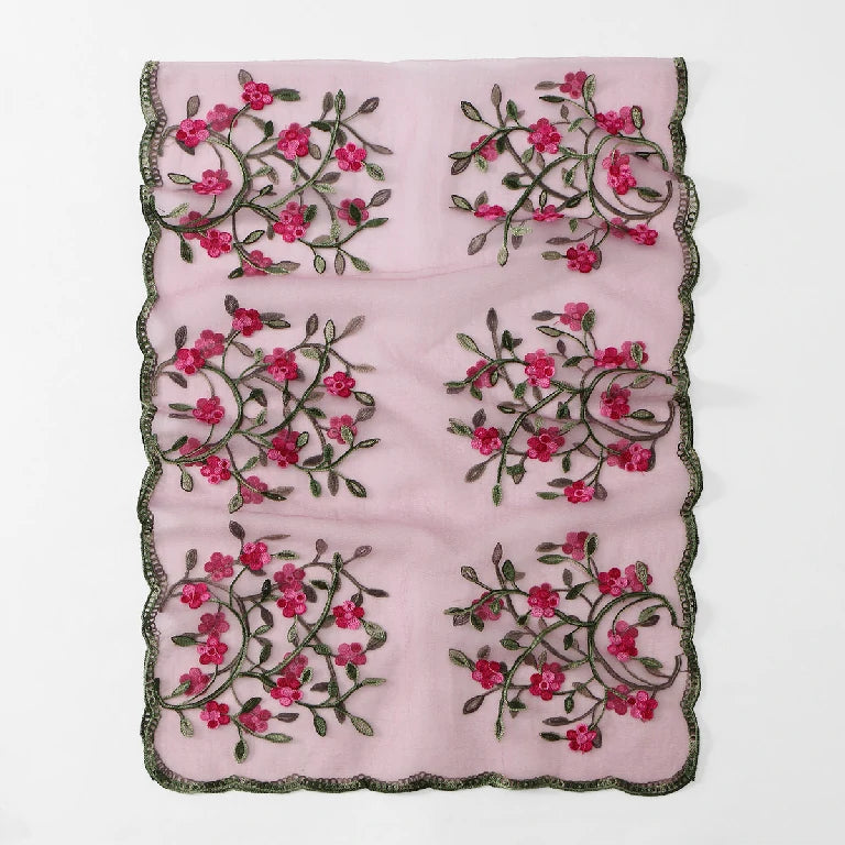 Wholesale Floral Vine Embroidered Sheer Scarf with Scalloped Edge