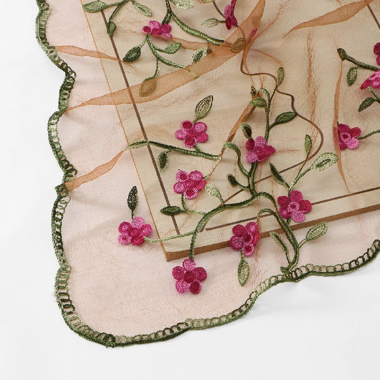 Wholesale Floral Vine Embroidered Sheer Scarf with Scalloped Edge