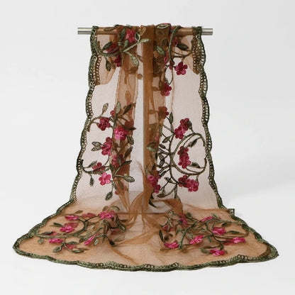 Wholesale Floral Vine Embroidered Sheer Scarf with Scalloped Edge