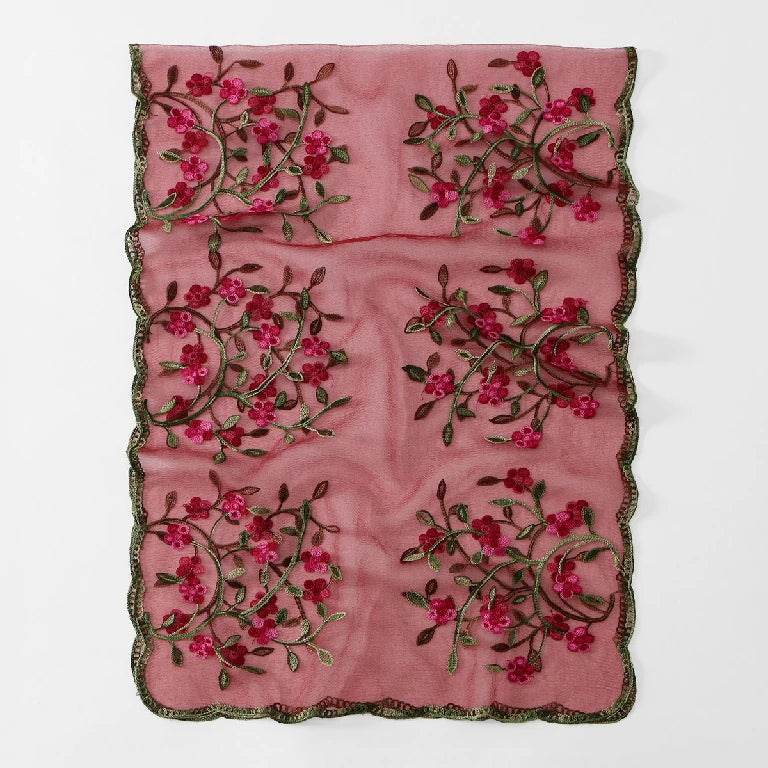 Wholesale Floral Vine Embroidered Sheer Scarf with Scalloped Edge