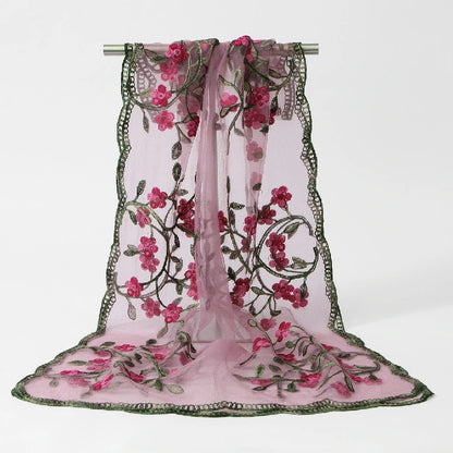 Wholesale Floral Vine Embroidered Sheer Scarf with Scalloped Edge