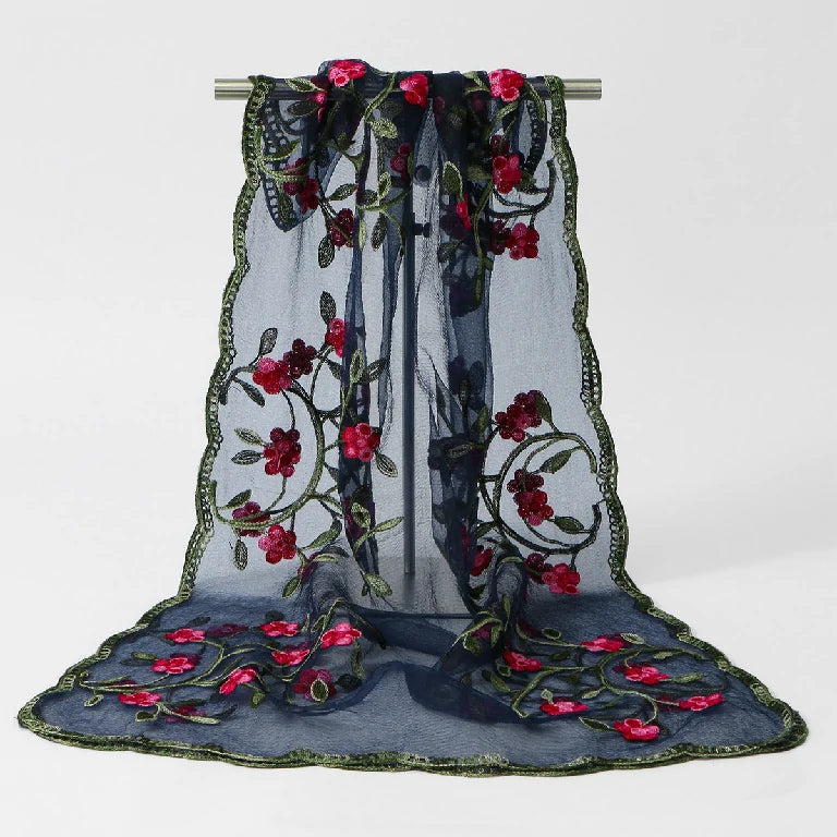 Wholesale Floral Vine Embroidered Sheer Scarf with Scalloped Edge