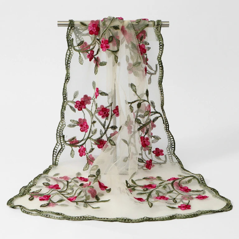 Wholesale Floral Vine Embroidered Sheer Scarf with Scalloped Edge
