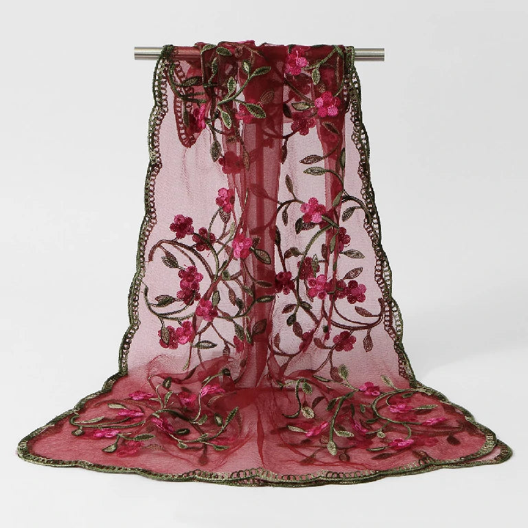 Wholesale Floral Vine Embroidered Sheer Scarf with Scalloped Edge