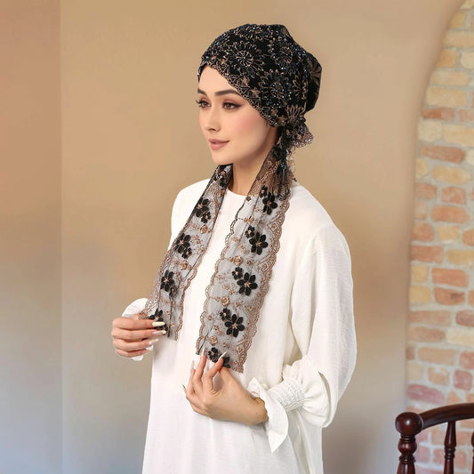 black Beaded Turban Hijab scarf