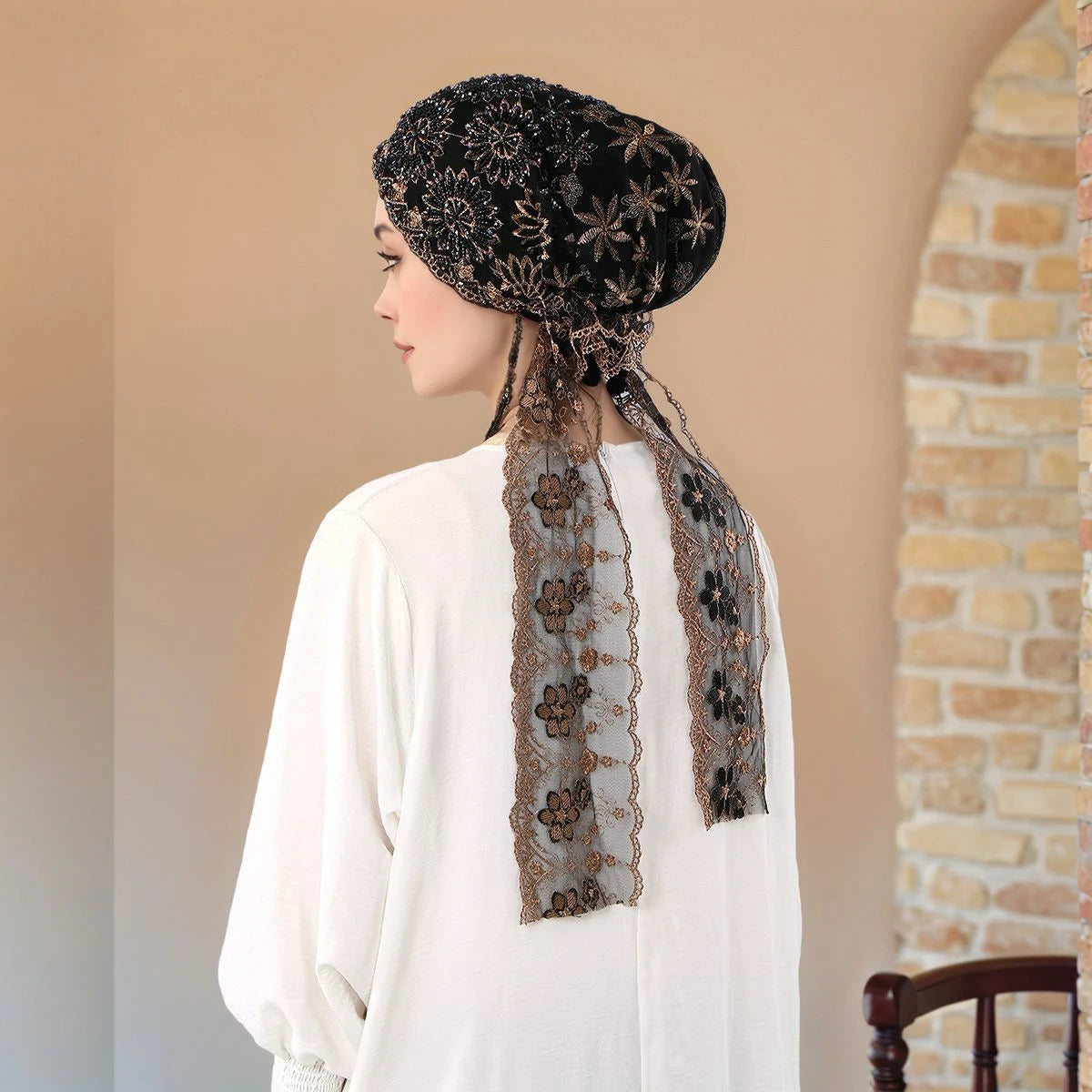 black Beaded Turban Hijab scarf