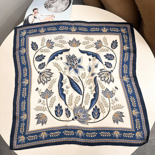 Wholesale Luxury Lotus Floral Print Silk Satin Square Scarf for Women