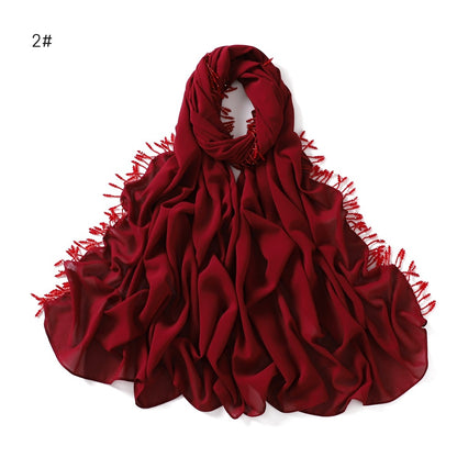 Wholesale Luxury Muslim Chiffon Hijab Scarf Beaded Fringe Tassels