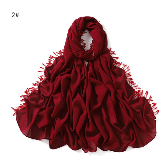 Wholesale Luxury Muslim Chiffon Hijab Scarf Beaded Fringe Tassels