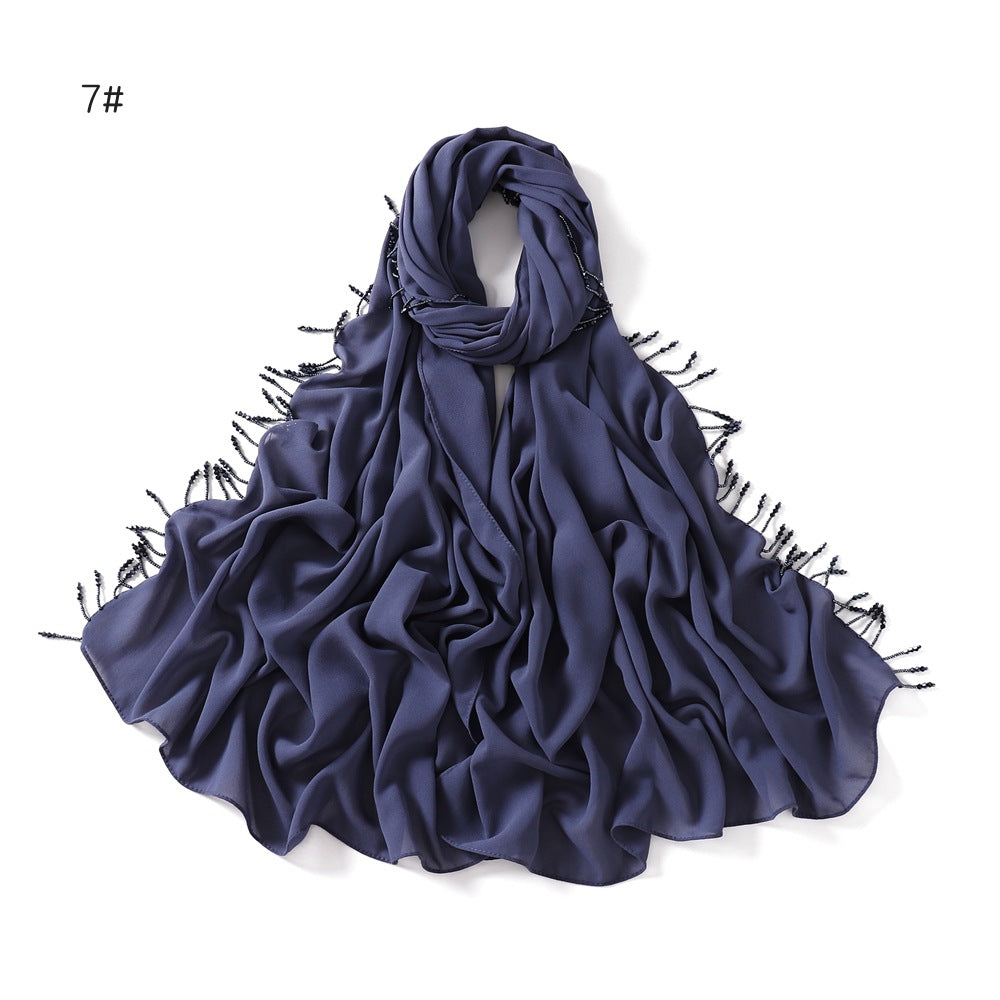 Wholesale Luxury Muslim Chiffon Hijab Scarf Beaded Fringe Tassels