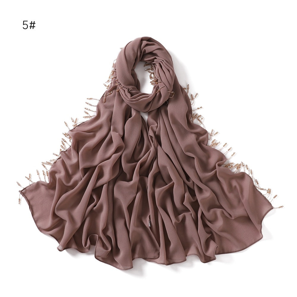 Wholesale Luxury Muslim Chiffon Hijab Scarf Beaded Fringe Tassels