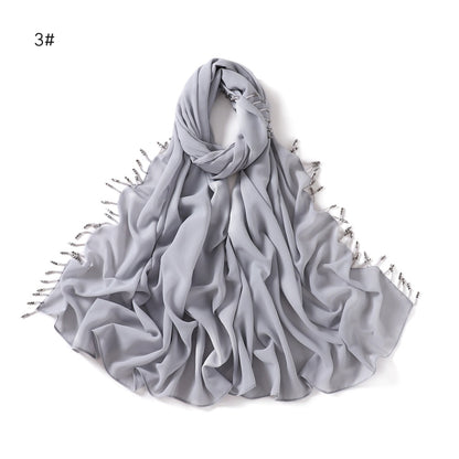 Wholesale Luxury Muslim Chiffon Hijab Scarf Beaded Fringe Tassels