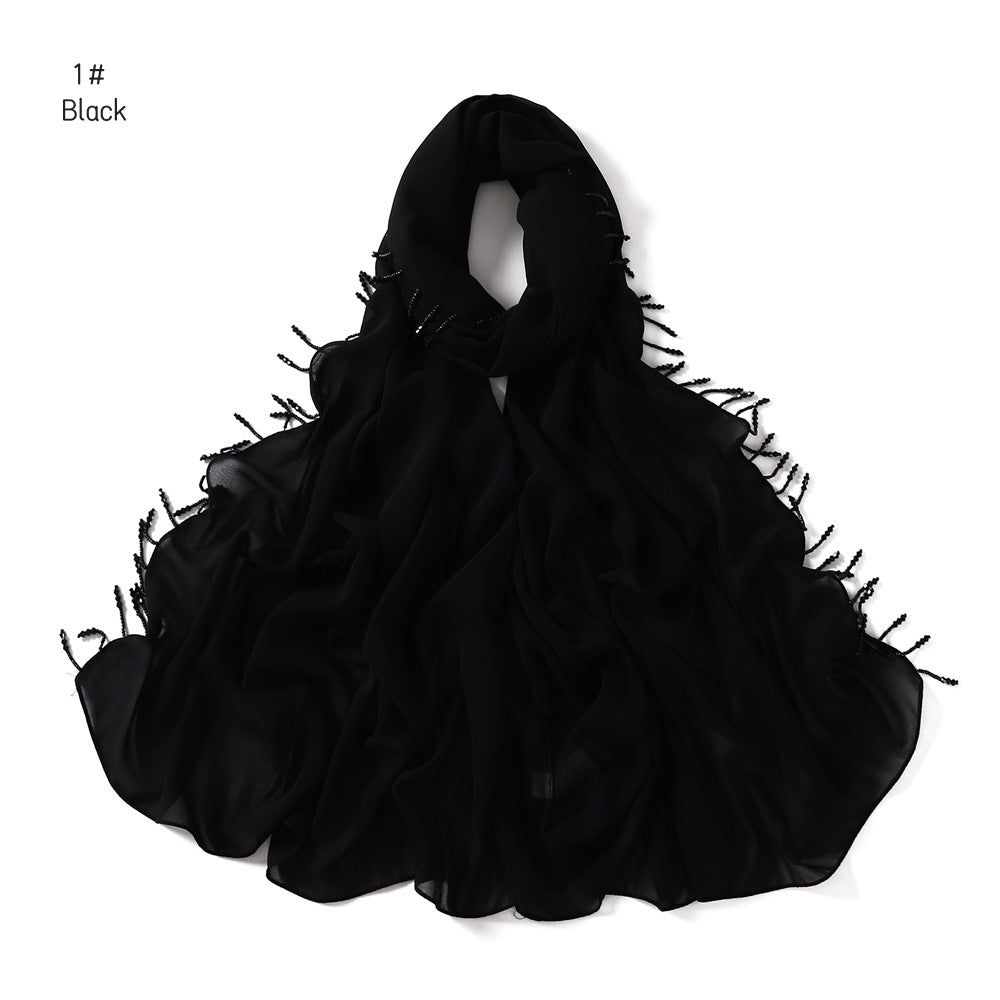 Wholesale Luxury Muslim Chiffon Hijab Scarf Beaded Fringe Tassels