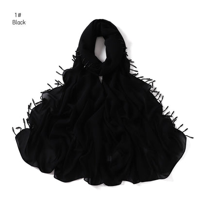 Wholesale Luxury Muslim Chiffon Hijab Scarf Beaded Fringe Tassels