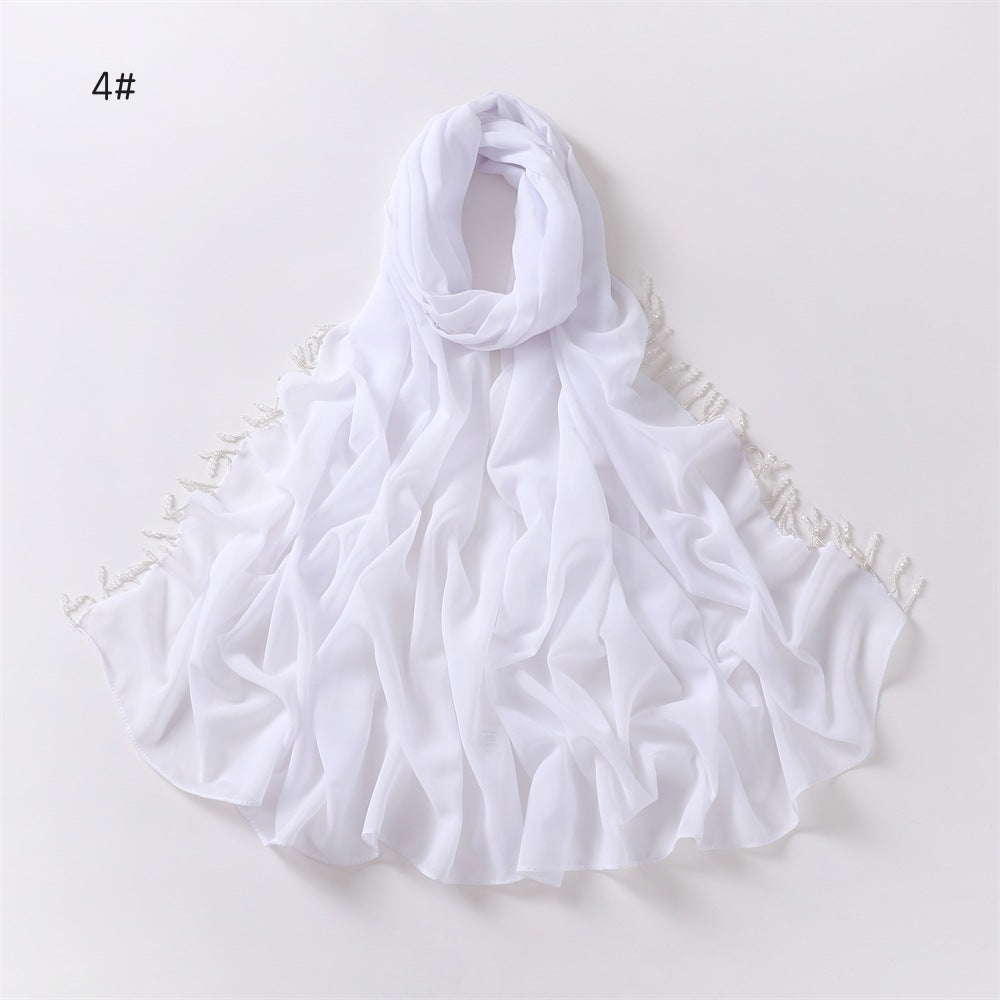 Wholesale Luxury Muslim Chiffon Hijab Scarf Beaded Fringe Tassels