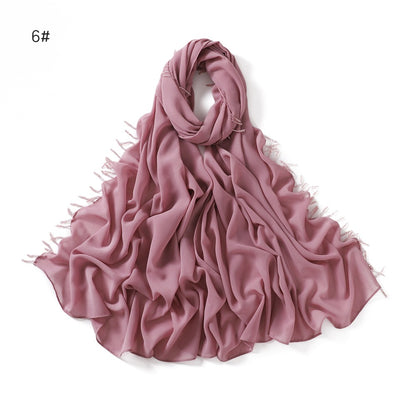 Wholesale Luxury Muslim Chiffon Hijab Scarf Beaded Fringe Tassels