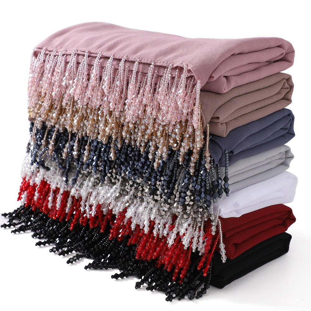 Wholesale Luxury Muslim Chiffon Hijab Scarf Beaded Fringe Tassels