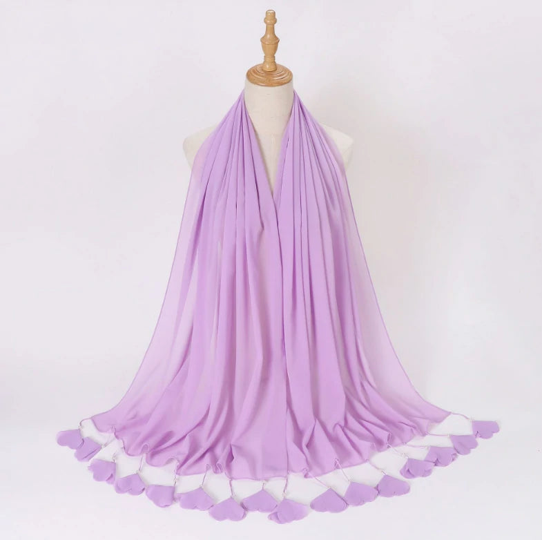 Wholesale Pearl Tassel Chiffon Hijab with Petal Fringe Long Muslim Scarf Shawl