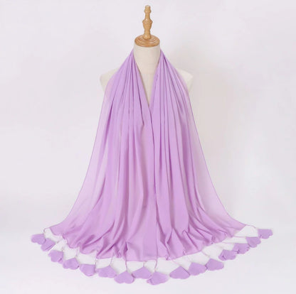 Wholesale Pearl Tassel Chiffon Hijab with Petal Fringe Long Muslim Scarf Shawl
