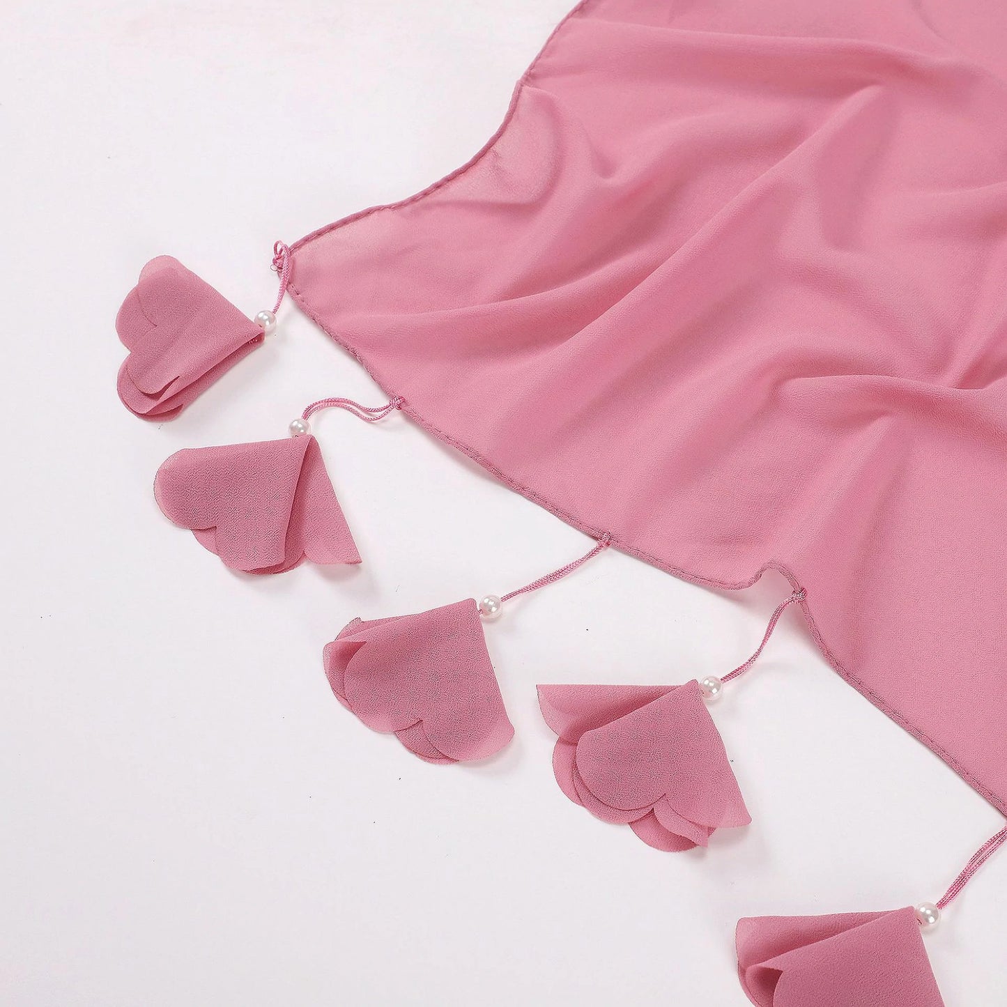 Wholesale Pearl Tassel Chiffon Hijab with Petal Fringe Long Muslim Scarf Shawl