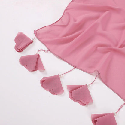 Wholesale Pearl Tassel Chiffon Hijab with Petal Fringe Long Muslim Scarf Shawl