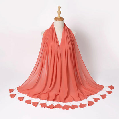 Wholesale Pearl Tassel Chiffon Hijab with Petal Fringe Long Muslim Scarf Shawl