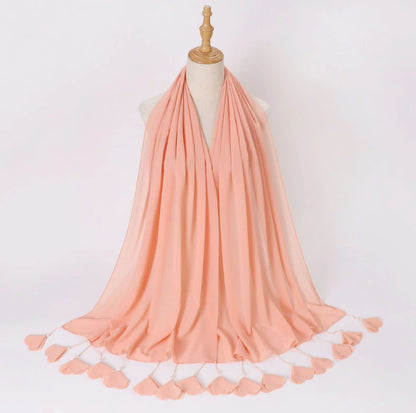 Wholesale Pearl Tassel Chiffon Hijab with Petal Fringe Long Muslim Scarf Shawl