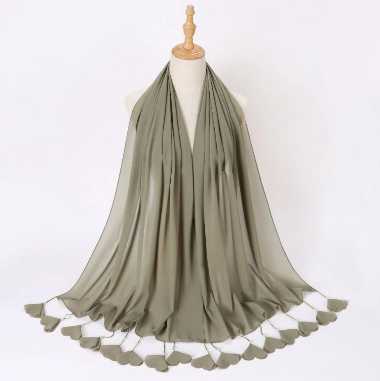 Wholesale Pearl Tassel Chiffon Hijab with Petal Fringe Long Muslim Scarf Shawl