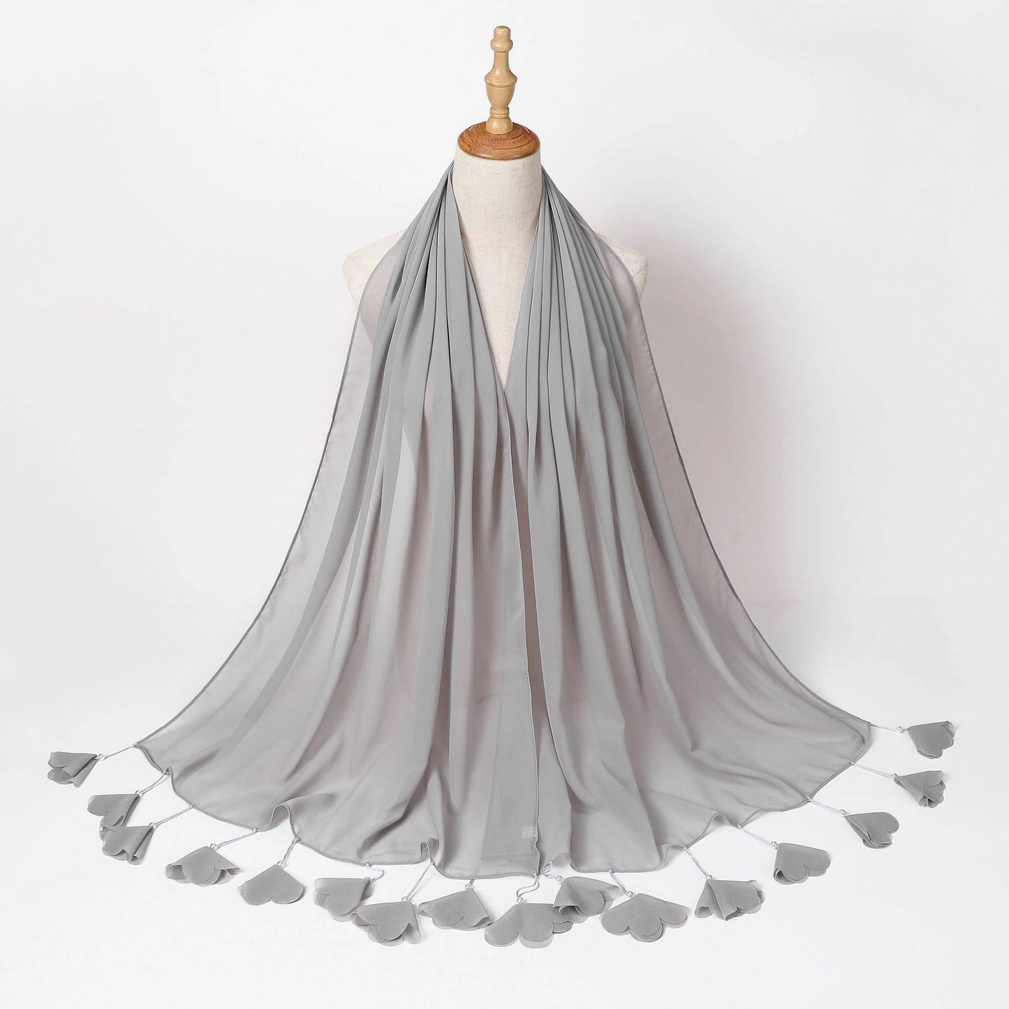 Wholesale Pearl Tassel Chiffon Hijab with Petal Fringe Long Muslim Scarf Shawl