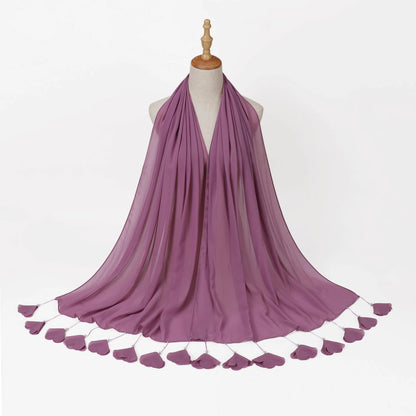 Wholesale Pearl Tassel Chiffon Hijab with Petal Fringe Long Muslim Scarf Shawl