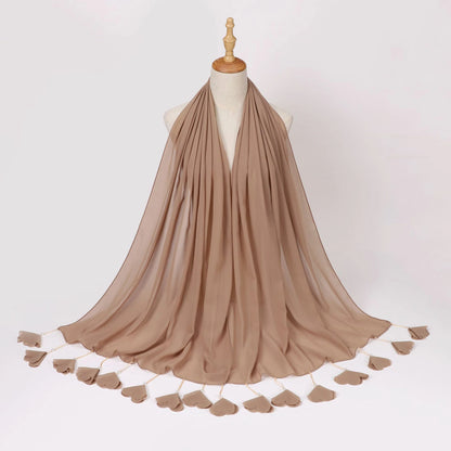 Wholesale Pearl Tassel Chiffon Hijab with Petal Fringe Long Muslim Scarf Shawl