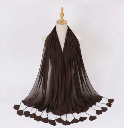 Wholesale Pearl Tassel Chiffon Hijab with Petal Fringe Long Muslim Scarf Shawl