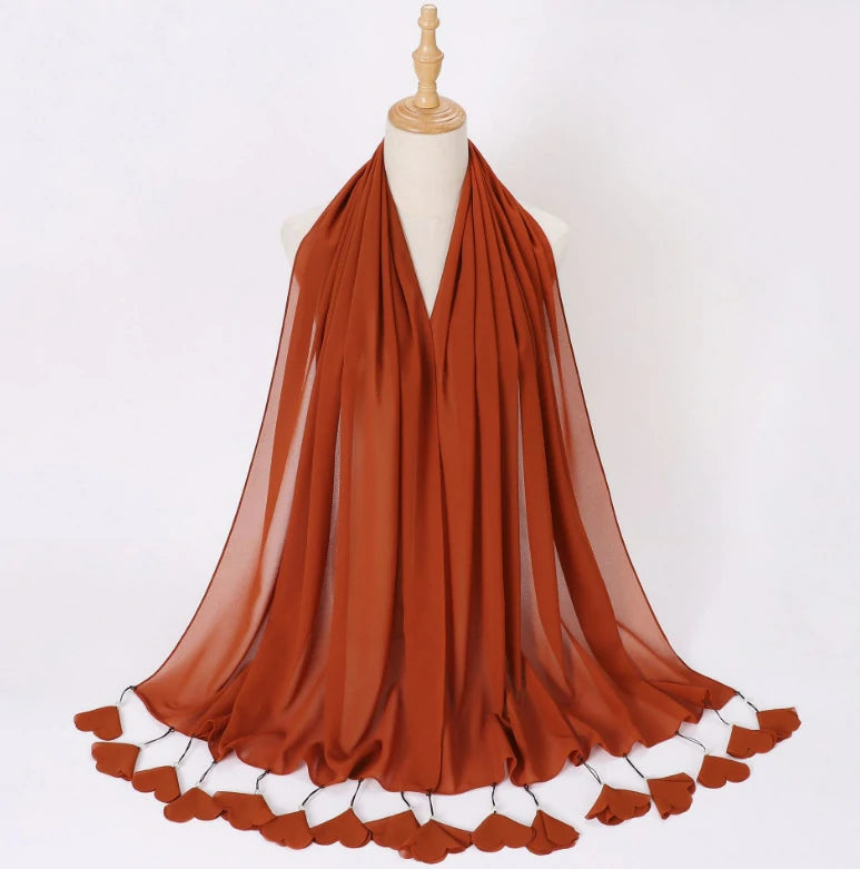 Wholesale Pearl Tassel Chiffon Hijab with Petal Fringe Long Muslim Scarf Shawl