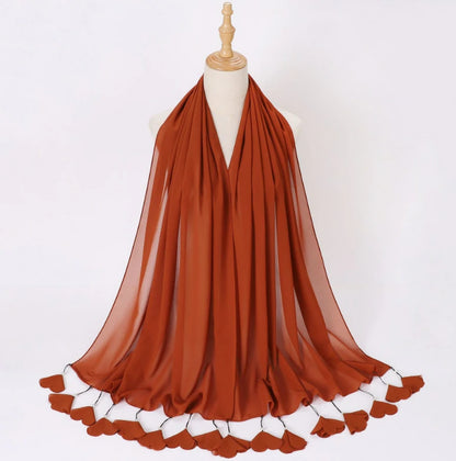 Wholesale Pearl Tassel Chiffon Hijab with Petal Fringe Long Muslim Scarf Shawl