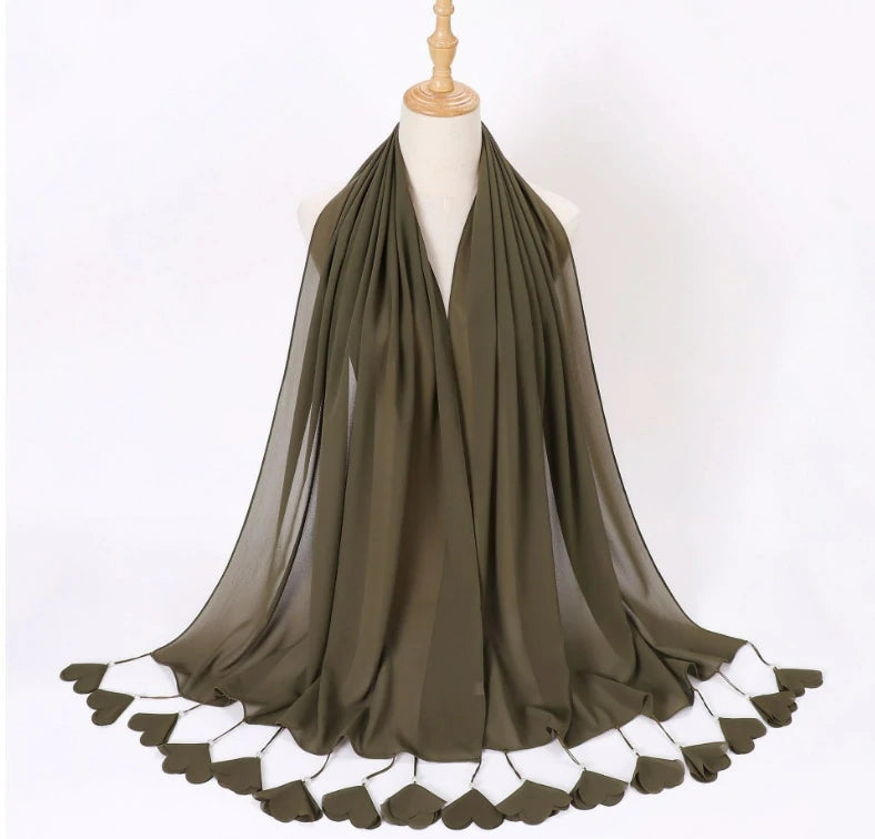 Wholesale Pearl Tassel Chiffon Hijab with Petal Fringe Long Muslim Scarf Shawl