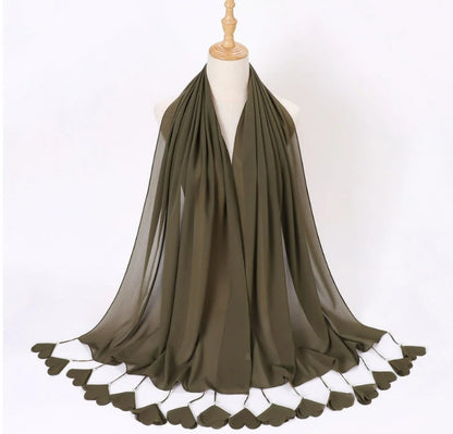 Wholesale Pearl Tassel Chiffon Hijab with Petal Fringe Long Muslim Scarf Shawl