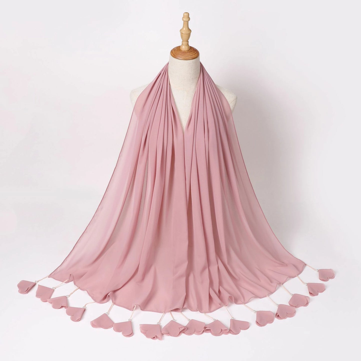 Wholesale Pearl Tassel Chiffon Hijab with Petal Fringe Long Muslim Scarf Shawl