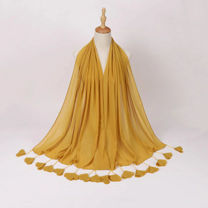Wholesale Pearl Tassel Chiffon Hijab with Petal Fringe Long Muslim Scarf Shawl