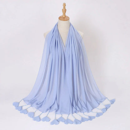 Wholesale Pearl Tassel Chiffon Hijab with Petal Fringe Long Muslim Scarf Shawl