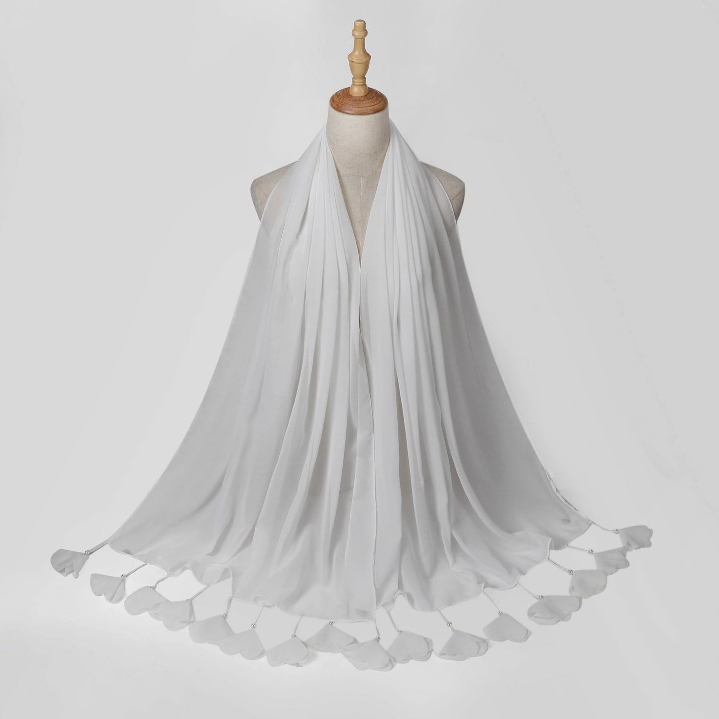 Wholesale Pearl Tassel Chiffon Hijab with Petal Fringe Long Muslim Scarf Shawl