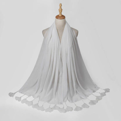 Wholesale Pearl Tassel Chiffon Hijab with Petal Fringe Long Muslim Scarf Shawl