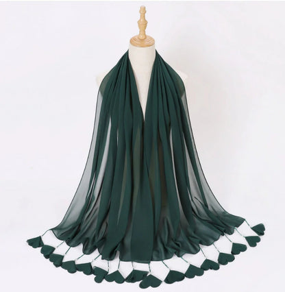 Wholesale Pearl Tassel Chiffon Hijab with Petal Fringe Long Muslim Scarf Shawl