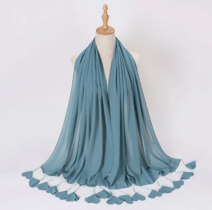 Wholesale Pearl Tassel Chiffon Hijab with Petal Fringe Long Muslim Scarf Shawl