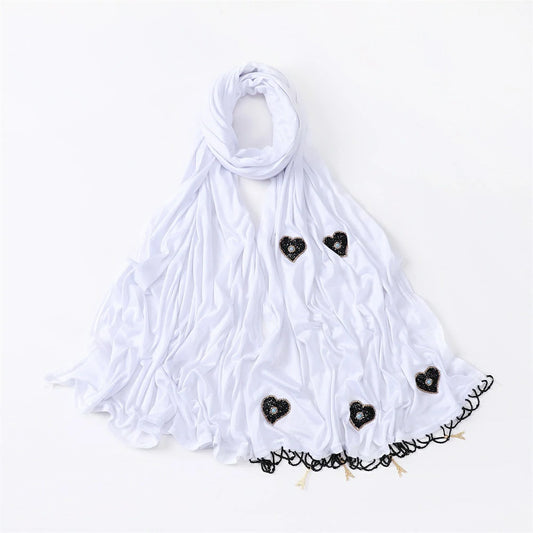 Wholesale Premium Viscose Jersey Hijab with Beaded Hearts Tassel Cloud Dancer Scarf