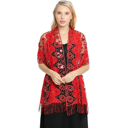 red Glittering Cape Scarf Shawl